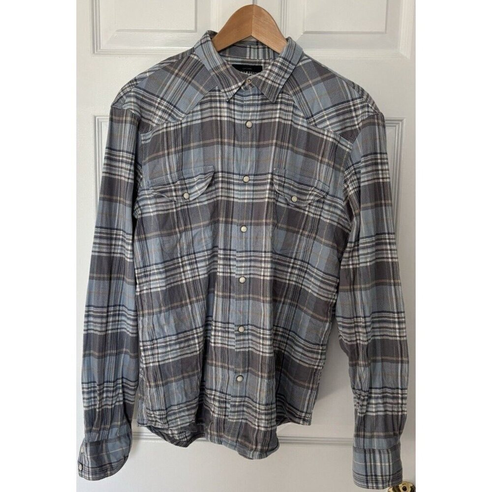 LUCKY BRAND Saturday Stretch Western Pearl Snap Mens Small Blue Plaid Collar EUC